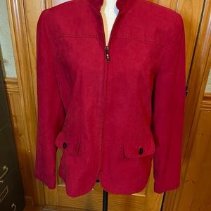Alfred Dunner zip up red jacket with black stitching, size 10. EUC